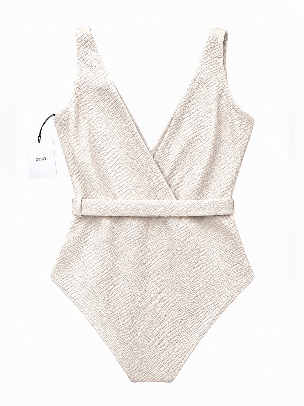Onia One Piece Swimsuit Belted Croc Textured Sand Cream Size Large NWT - Picture 4 of 11